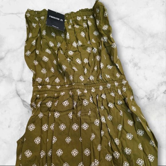 Forever 21 Medallion Print Sleeveless Tube Jumpsuit Olive Green Size Small - Picture 6 of 9